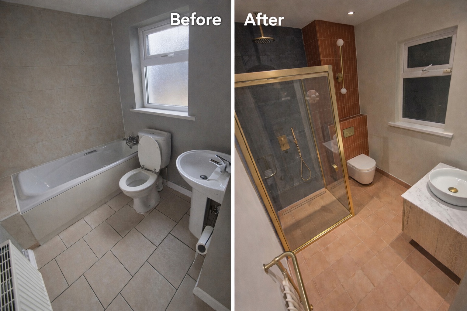 Bathroom renovation before and after — dated suite transformed into a modern walk-in shower with gold fittings