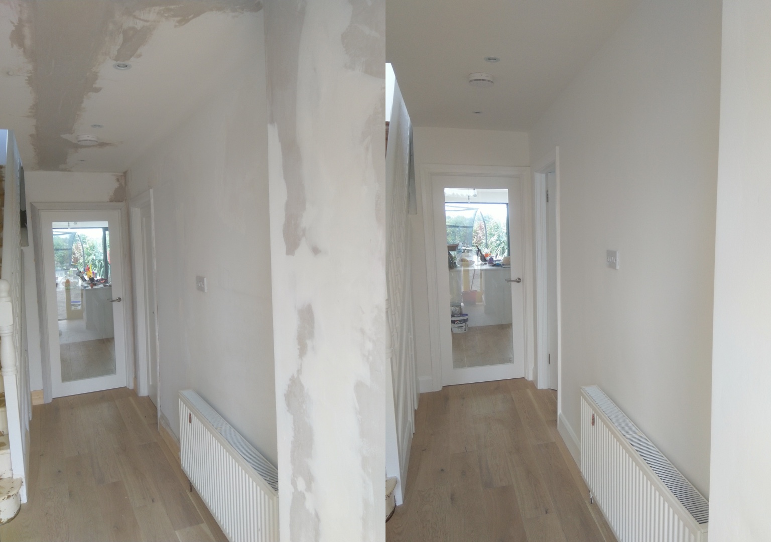 Hallway plastering and painting before and after — patchy walls skimmed and painted white