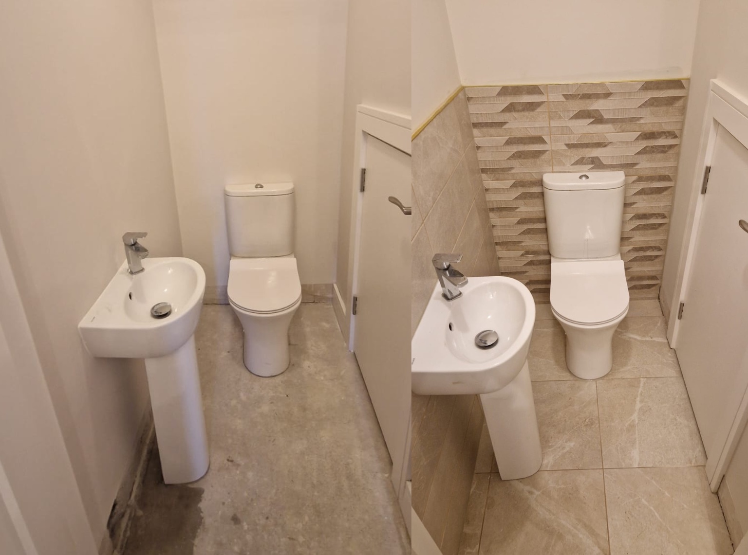 Downstairs WC before and after — bare walls fully tiled with a clean modern finish