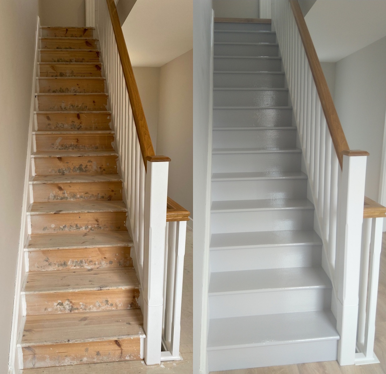 Staircase restoration before and after — worn bare timber painted to a smooth finish